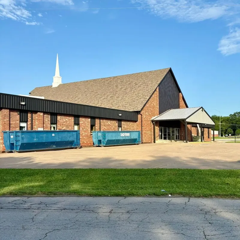 Church building with brick and new shingle roof, C&A Roofing & Construction