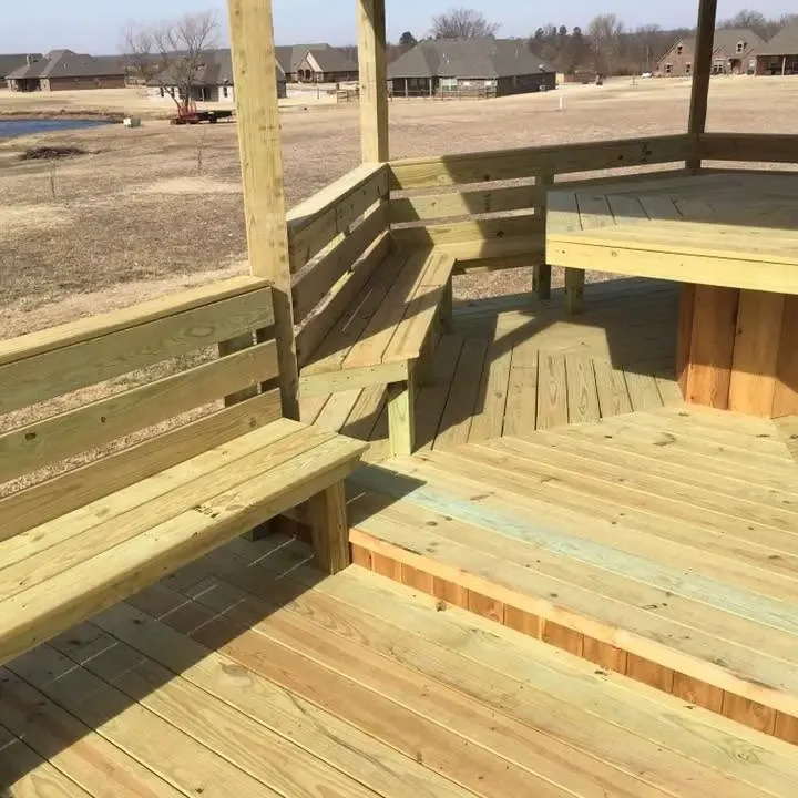 Octagonal wooden deck with built-in benches, C&A Roofing & Construction