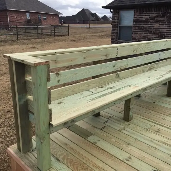 Close-up of new wooden deck bench, C&A Roofing & Construction