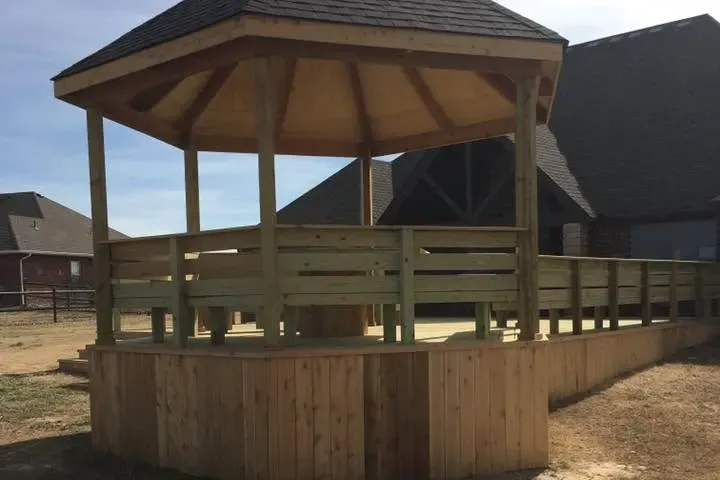 Wooden gazebo with shingle roof on new deck, C&A Roofing & Construction