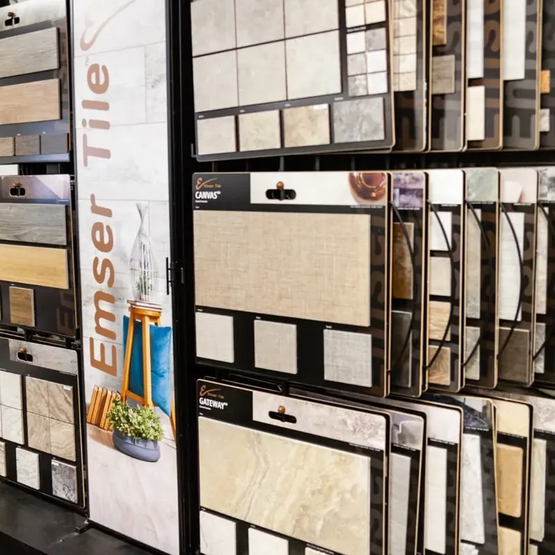 Emser tile sample display in showroom, C&A Roofing & Construction