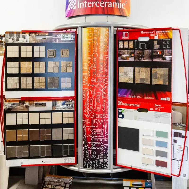 Interceramic tile display tower in showroom, C&A Roofing & Construction