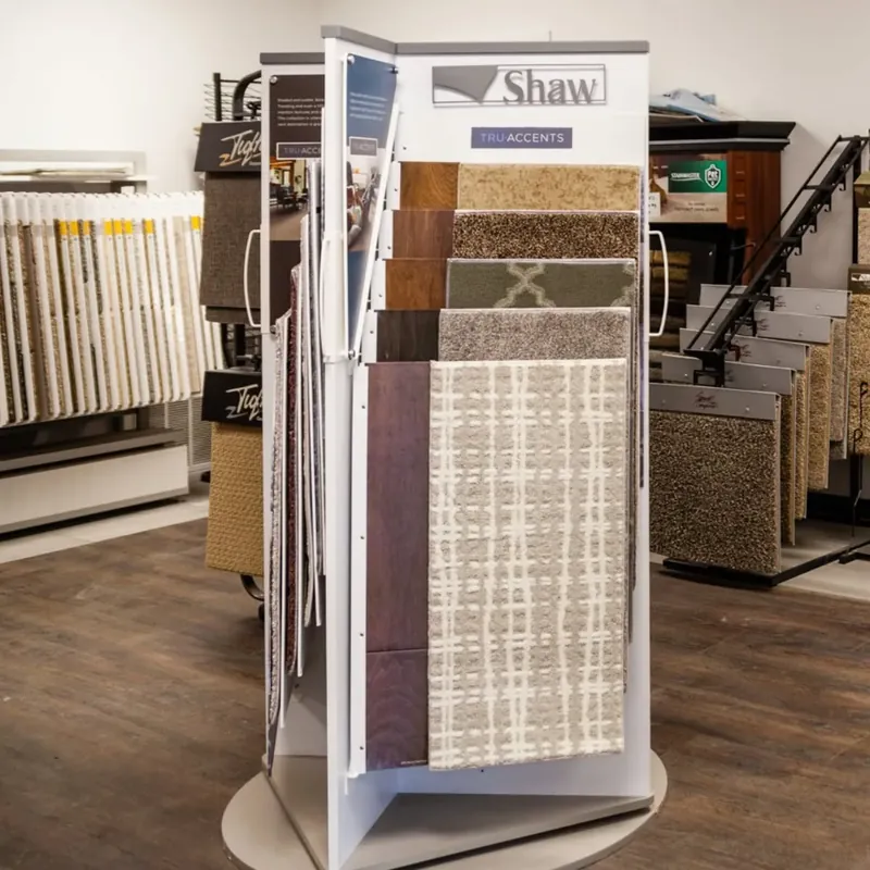 Shaw carpet and flooring sample display in showroom, C&A Roofing & Construction