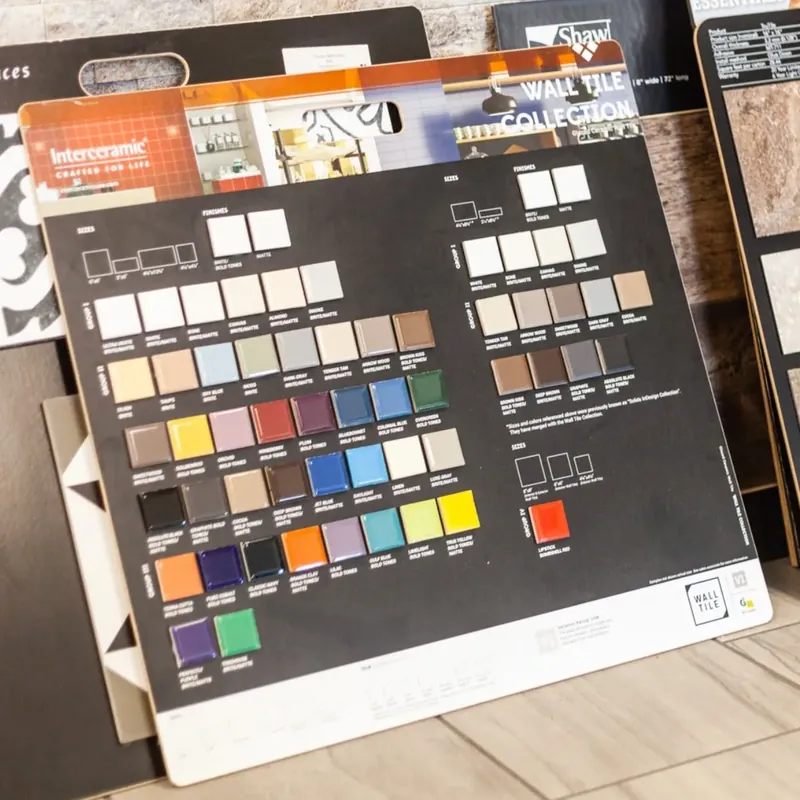 Wall tile color sample board in showroom, C&A Roofing & Construction