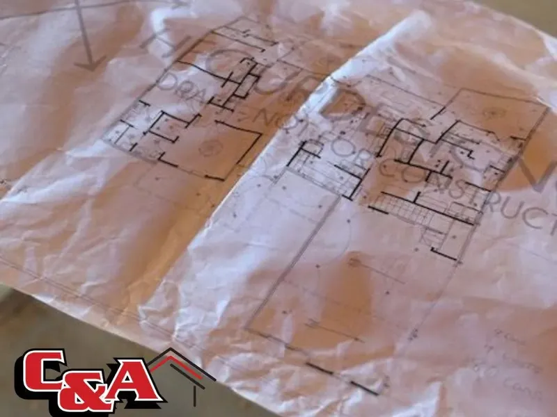 Crumpled floor plan blueprints on table, C&A Roofing & Construction