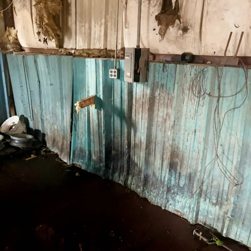 Damaged interior wall paneling with stained flooring, C&A Roofing & Construction
