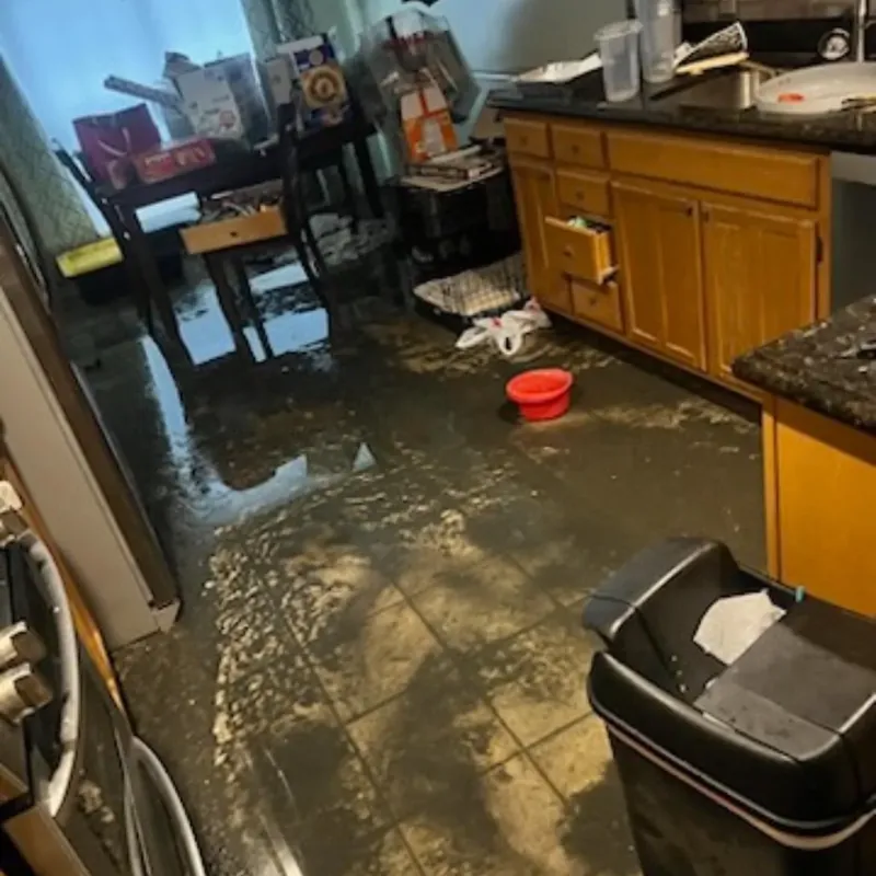Kitchen floor flooded with water damage, C&A Roofing & Construction