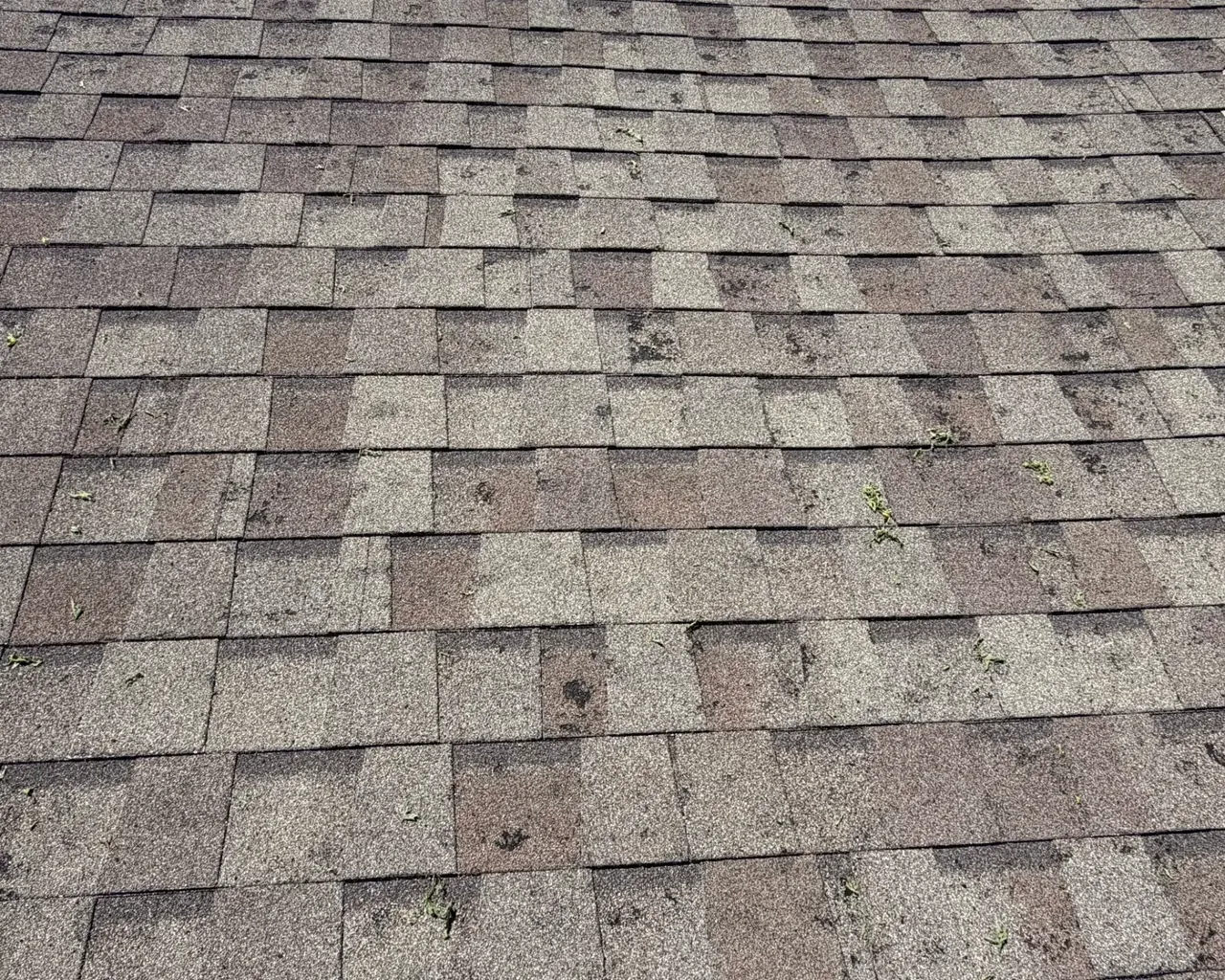 Close-up of worn brown shingles with granule loss, C&A Roofing & Construction