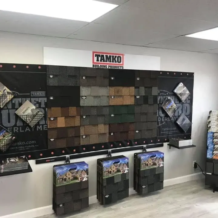 TAMKO shingle display wall in showroom, C&A Roofing & Construction