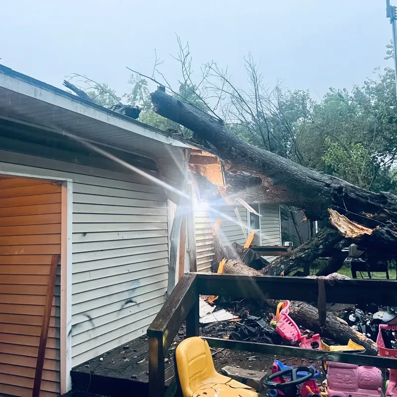 Fallen tree crushing house roof over deck, C&A Roofing & Construction