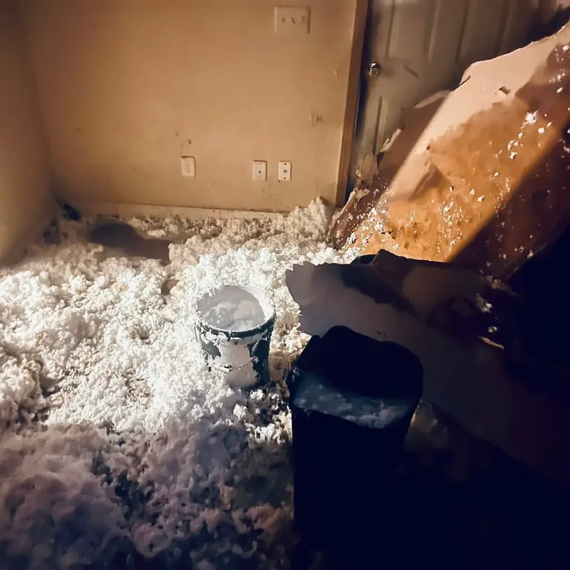Collapsed ceiling insulation debris in room, C&A Roofing & Construction