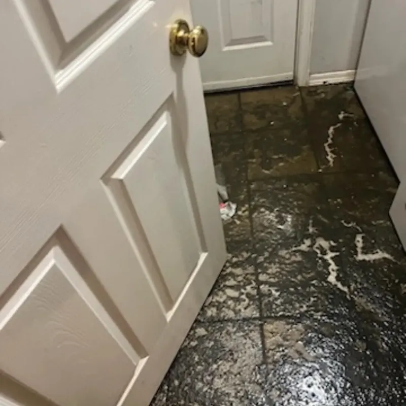 Dirty floodwater on laundry room floor by door, C&A Roofing & Construction